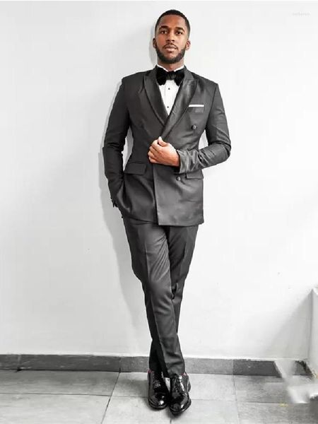 Trajes de hombre gris a medida 2 piezas Blazer pantalones satén con solapa en pico un botón suave Slim Business boda de talla grande a medida