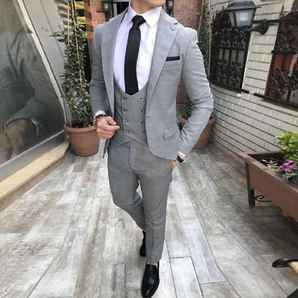 Trajes para hombre, traje gris ajustado para hombre, esmoquin para novio, conjunto de moda masculina de 3 piezas, chaqueta con pantalones, chaleco, boda, fiesta de noche