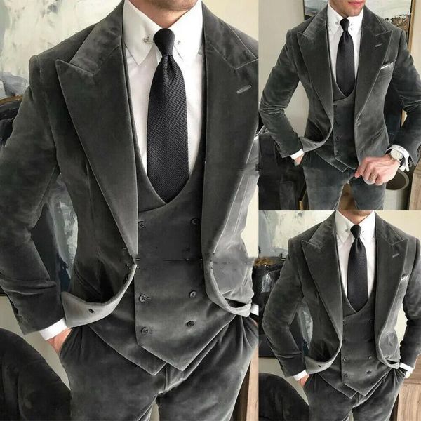 Trajes de hombre de terciopelo gris, esmoquin de boda para hombre, africano para fiesta de graduación, ropa de novio ajustada, chaqueta de traje de moda masculina con pantalones, chaleco