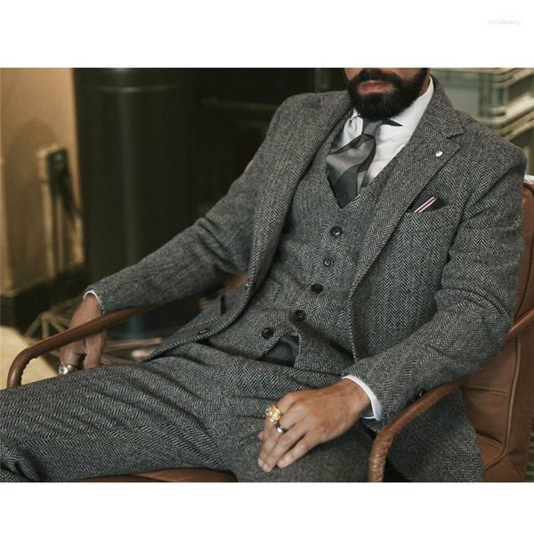 Trajes masculinos de lana gris tweed hombres para boda de invierno novio formal tuxedo 3 piezas espiracas de moda masculina chaqueta chaleco con pantalones