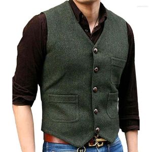 Costumes pour hommes vert noir bleu formel affaires gilet col en V laine chevrons tweed hommes costume gilet décontracté pour mariage marié fête