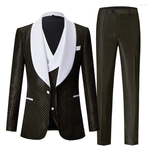 Costumes pour hommes vert noir bleu marine point coupe ajustée marié smoking motif veste pantalon gilet 3 pièces ensemble avec revers blanc