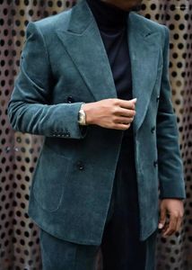 Herenpakken groene corduroy blazer broeken man sluit kraag bedrijfsbedrijf casual hoogwaardige bruiloft tuxedo 2pc jasbroek op maat gemaakt