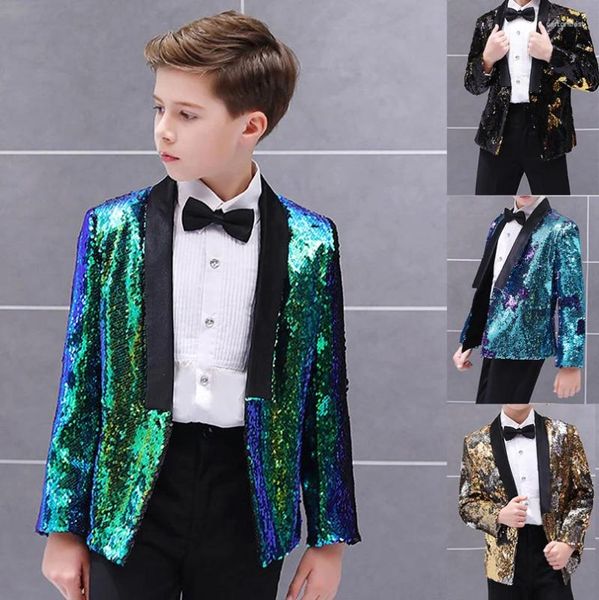 Costumes pour hommes Vert Graduation Prom Party Garçons Or Brillant Stage Performance Tuxedos Enfant Costume De Mariage Enfant Blazer Avec Pantalon Ensemble 2 Pièces