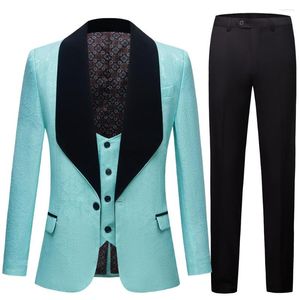 Costumes pour hommes vert gris bleu mariage blanc Jacquard avec col noir Tuxedo3 pièces marié Terno pour hommes (veste gilet pantalon)