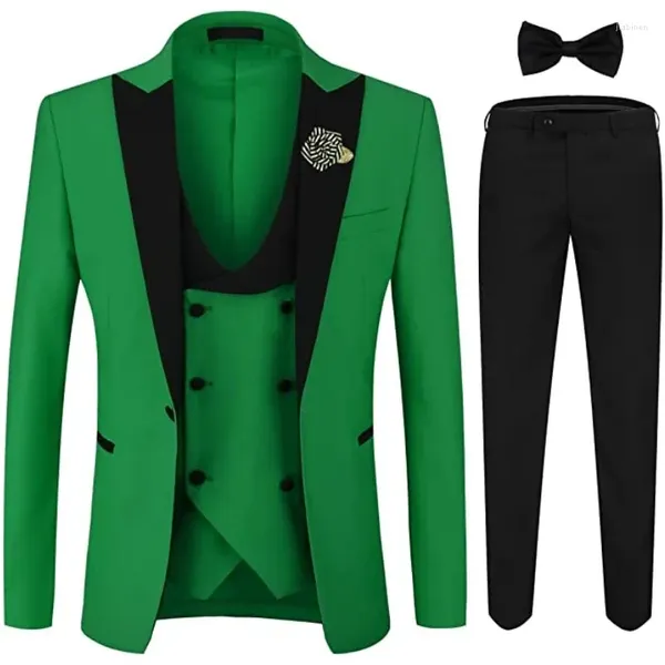 Trajes para hombres Hombres verdes 3 piezas Solapa de pico negro Conjuntos de boda para novio personalizados Chaqueta formal de negocios Chaleco Pantalones Vestido Blazer de esmoquin
