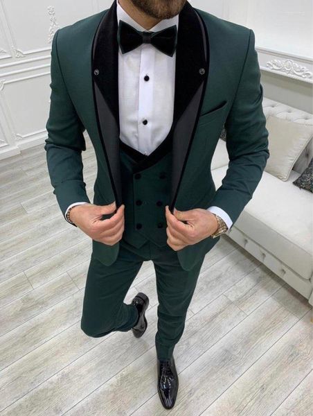 Costumes pour hommes vert hommes 3 pièces ensemble marié smokings de mariage formel Blazer coupe classique garçons d'honneur porter une robe de bal (veste gilet pantalon)