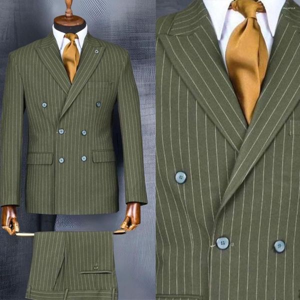 Costumes pour hommes vert sur mesure 2 pièces Blazer pantalon Double boutonnage affaires à fines rayures affaires mariage marié sur mesure grande taille