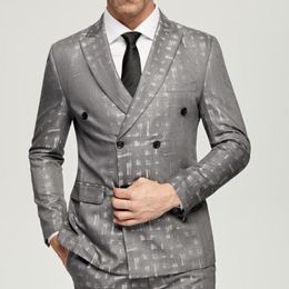 Costumes pour hommes gris Jacquard 2023 décontracté Double boutonnage 6 boutons vêtements de marié de mariage (veste pantalon) dîner de bal formel
