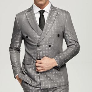 Costumes pour hommes gris Jacquard 2024 décontracté Double boutonnage 6 boutons vêtements de marié de mariage (veste pantalon) dîner de bal formel