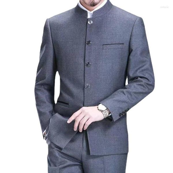 Trajes de hombre Gris Azul Marino Negro Traje Túnica Chino Cuello Alto Chaqueta Juvenil Pantalón Vestido Banquete Estilo Tang