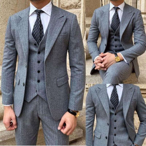 Trajes de hombre Gris a rayas Traje de hombre Novio Negocios Mezcla de lana Esmoquin Boda Slim Fit Prom