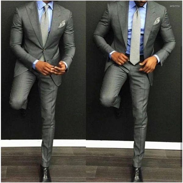 Trajes de hombre gris boda para hombres Slim Fit 2 piezas traje Homme novio esmoquin fiesta de graduación Blazer Terno Masculino piezas (chaqueta pantalón)