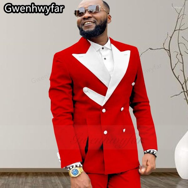 Costumes pour hommes Gwenhwyar mode luxe costume rouge ensemble blanc col pointu boucle avec Double rangée avant fendu affaires décontracté