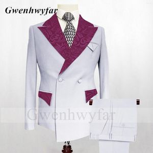 Costumes pour hommes Gwenhwyfar 2023 longueur asymétrique marié Tuxedos bordeaux Jacquard revers hommes couleur blanche Costume de mariage 2 pièces