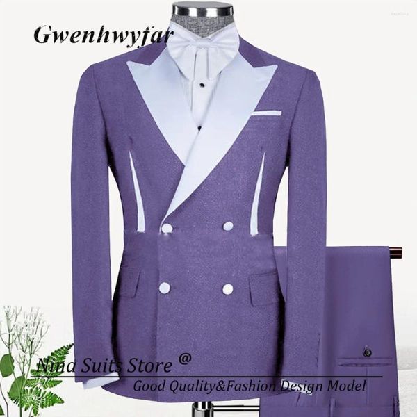 Costumes masculins Gwenhwyfar 2024 Blanc Stripe Men Men Leisure Boutique Double Breasted Lavender Maridal Suit Pantal