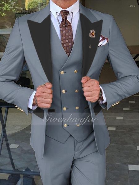 Trajes de hombre Gwenhwyfar gris claro hombres de negocios para boda Slim Fit negro solapa pico personalizado novio esmoquin traje de moda masculina