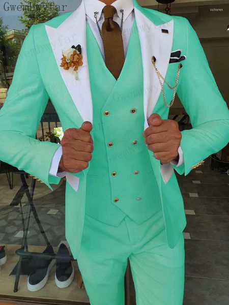 Trajes de hombre Gwenhwyfar, verde menta, novio, boda, baile de graduación, traje ajustado, esmoquin, ropa de trabajo Formal de negocios para hombre, 3 uds. (chaqueta, pantalones, chaleco)
