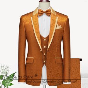 Costumes pour hommes Gwenhwyfar Single Blreasted Hommes Mixte Châle Encoche Revers Tuxedos Pour Fête Formelle Bal Brûlé Orange Jacqaued Costume Homme