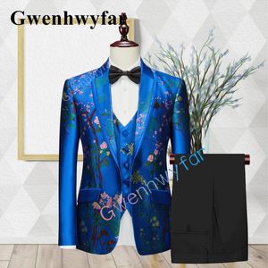 Costumes pour hommes Gwenhwyfar Top Design Style Costume British Royal Blue Casual Haute Qualité Jacquard Tissu Marié Mariage Tuxedo Trois