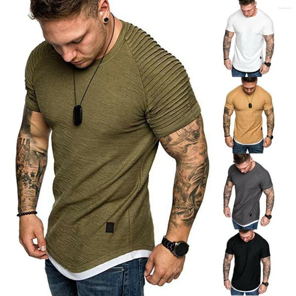 Trajes de hombre H003 Camisetas casuales Plisado Arrugado Slim Fit O Cuello Manga corta Muscle Solid Tops Camisas Camiseta básica de verano