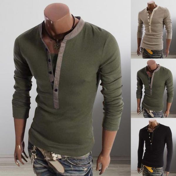 Trajes para hombres H099 Hombres Camiseta de color sólido Cuello de un solo pecho Camiseta de manga larga Camiseta delgada Camisas