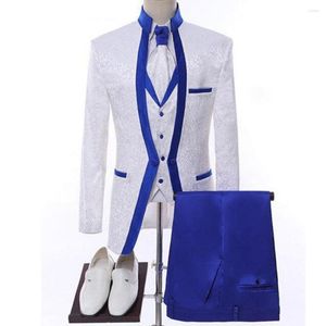Costumes pour hommes Costume de mariage bleu royal blanc fabriqué à la main: Veste formelle à col châle Pantalon Gilet - Costume trois pièces élégant pour homme!