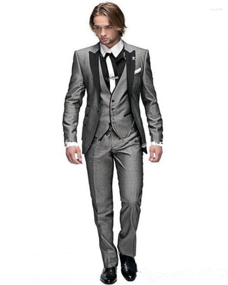 Erkekler Yakışıklı Damat Erkekler Takım İş Özel Yapımı Formal Gri Düğün Smokin Adam 3 PCS İnce Fit Blazer Pantolon