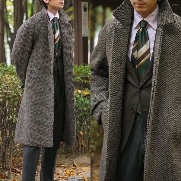 Trajes para hombre, abrigo de lana en espiga bonito, abrigo grueso hecho a medida Vintage con un solo pecho y bolsillo, abrigo informal cálido para invierno