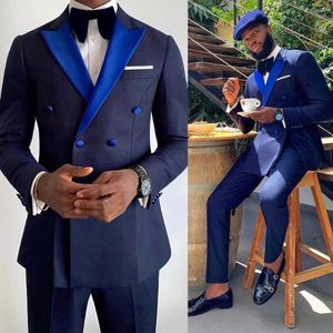 Herenpakken knappe mannen Royal Blue en Navy Custom Made Wedding Tuxedos 2 stuks Double Breasted Party Prom Jacket Pant Sets