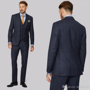 Costumes pour hommes Beaux hommes Tuxedos pour mariage trois pièces bleu foncé Glen Plaid marié mariée sur mesure garçons d'honneur veste V