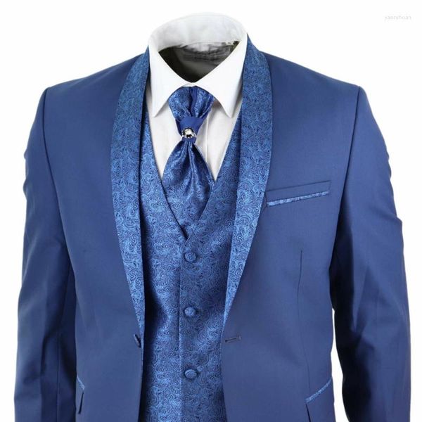 Trajes de hombre guapo para hombre 4 piezas traje de boda novio chal cuello Vintage azul corbata a medida hombres para