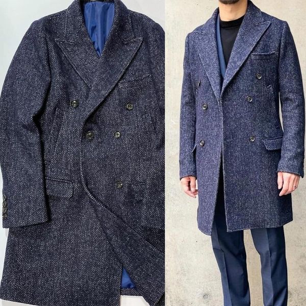 Trajes para hombres Abrigo de espiga para hombres Blazer de una pieza Abrigo largo Doble botonadura Cálida Boda Ropa de trabajo formal Fiesta Causal A medida