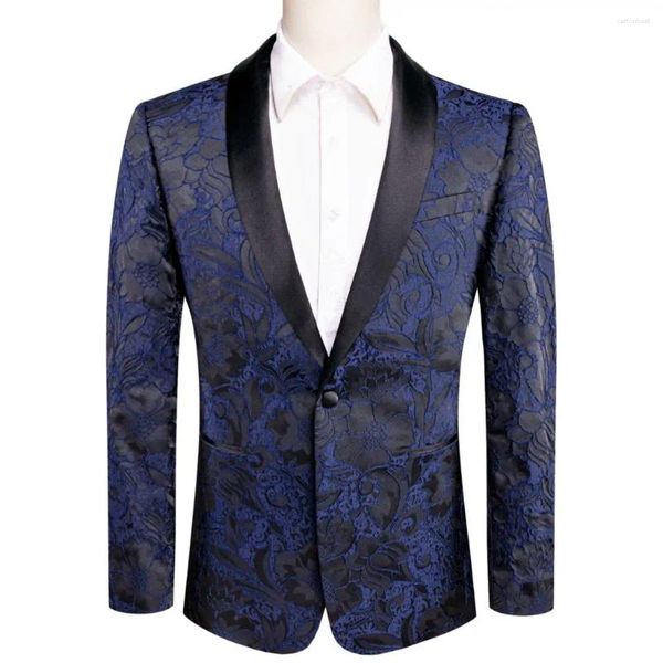 Trajes para hombres Hi-Tie Azul Negro Jacquard Floral Traje para hombre Cuello chal Esmoquin Blazers Chaqueta Abrigo Vestido de novio para boda Banquete Baile de graduación