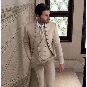 Trajes de hombre Beige de gama alta para hombres elegante cuello alto doble botonadura traje masculino delgado casual formal novio boda esmoquin 3 piezas