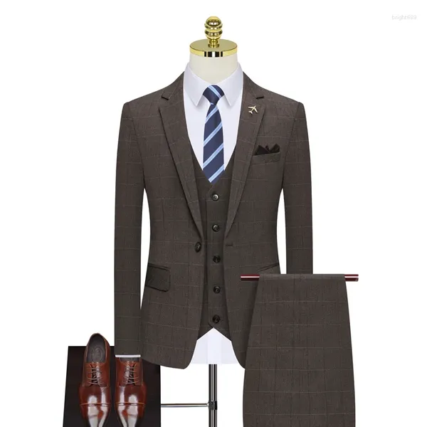 Costumes pour hommes Costume de mariage haut de gamme (Blazer Gilet Pantalon) Mode et belle robe mince à carreaux Ensemble professionnel trois pièces