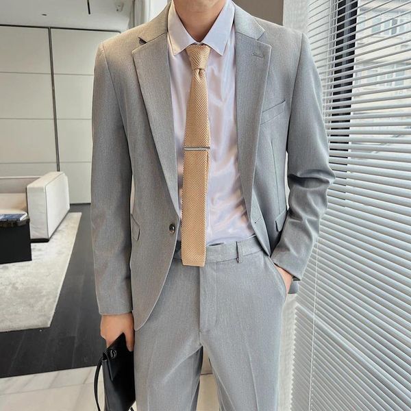 Trajes para hombres Alta calidad (pantalones blazer) Vestido británico Moda Guapo Negocios Color sólido Ropa profesional Blazer Conjunto de dos piezas