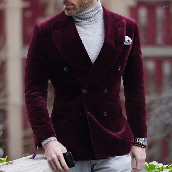 Costumes pour hommes de haute qualité Bourgogne Velvet Hommes Vestes Robe intelligente masculine Blazer Slim Fit Double Breas One Coat XS-5XL