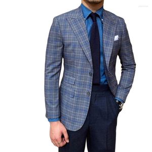 Trajes para hombre, abrigo de dos botones con solapa en pico a cuadros grises de alta calidad con pantalones azul marino, ropa Formal de estilo británico de negocios, 2 piezas