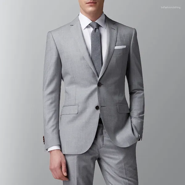 Costumes pour hommes de haute qualité gris coupe ajustée affaires Tuxedos ensembles décontracté marié cranté revers fête veste 2 pièces (Blazer pantalon)