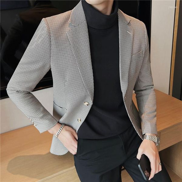 Costumes pour hommes de haute qualité pied de poule hommes Blazers Slim Fit décontracté affaires robe costume veste Streetwear mariage Social manteau marié