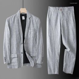 Costumes pour hommes de haute qualité hommes blazer veste et pantalon homme lin 2 pièces costume printemps été mince style mode décontracté ensemble à manches longues