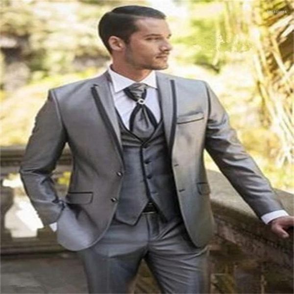 Costumes pour hommes de haute qualité revers cranté argent brillant 3 pièces (veste pantalon gilet cravate) simple boutonnage mode Terno Mangino dernier Coa