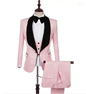 Herenpakken hoogwaardige roze jacquard mannen pakken sjaal raapje formele bruiloft smart casual blazer slanke fit 3 -delige prom tuxedo