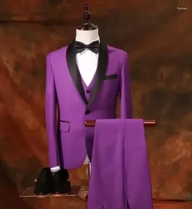 Trajes para hombres de alta calidad Purple Satin Shawlel Suit Party para hombres coloridos para hombres Custom Fit Slim Fit 3 piezas Disfraz de Tuxedo Homme