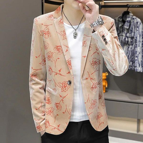 Trajes para hombres HOO 2024 Spring Rose Print Blazer Juventud Slim Fit Guapo Moda Casual All-Match