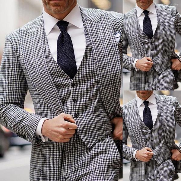 Trajes de hombre Houndstooth Men 3 piezas Blazer Chaleco Pantalones Un botón Negocios Solapa ancha Esmoquin Boda Trabajo formal Causal a medida