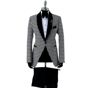 Herenpakken Houndstooth-pak voor mannen 3-delige blazer met fluwelen revers 1 knop Grote en lange jas Vest Broek Formeel Zakelijk Mannelijke kleding