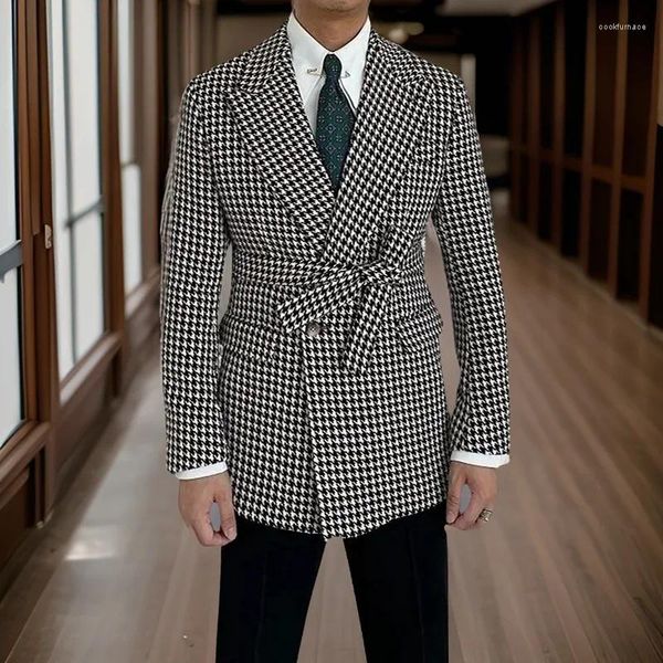 Trajes de hombre Houndstooth boda para hombres 2 piezas Slim Fit novio esmoquin moda masculina chaqueta cruzada con cinturón último diseño 2024