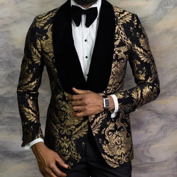 Costumes pour hommes en stock Blazer de mariage floral pour hommes Slim Fit Veste de costume avec velours châle revers smoking de marié de mode africaine 2024